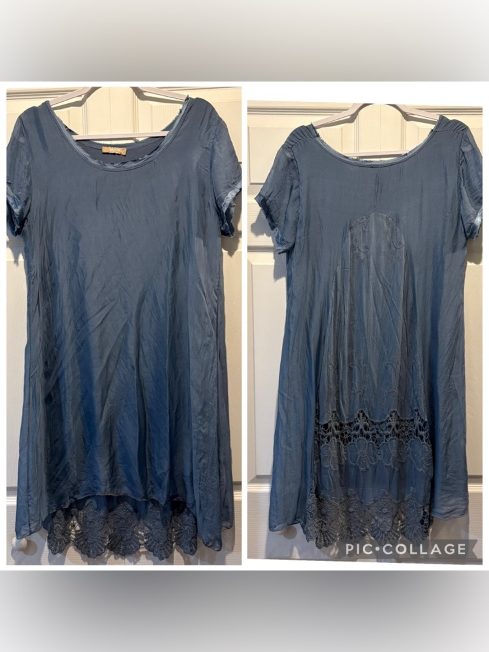 Giulia silk blue short sleeve shift layered dress lace embroidered back sz L